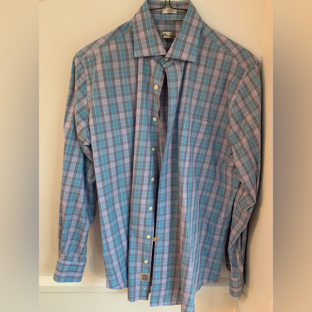 Peter Millar Mens Blue Multicolor Plaid Button Down Long Sleeve Shirt Size Large
